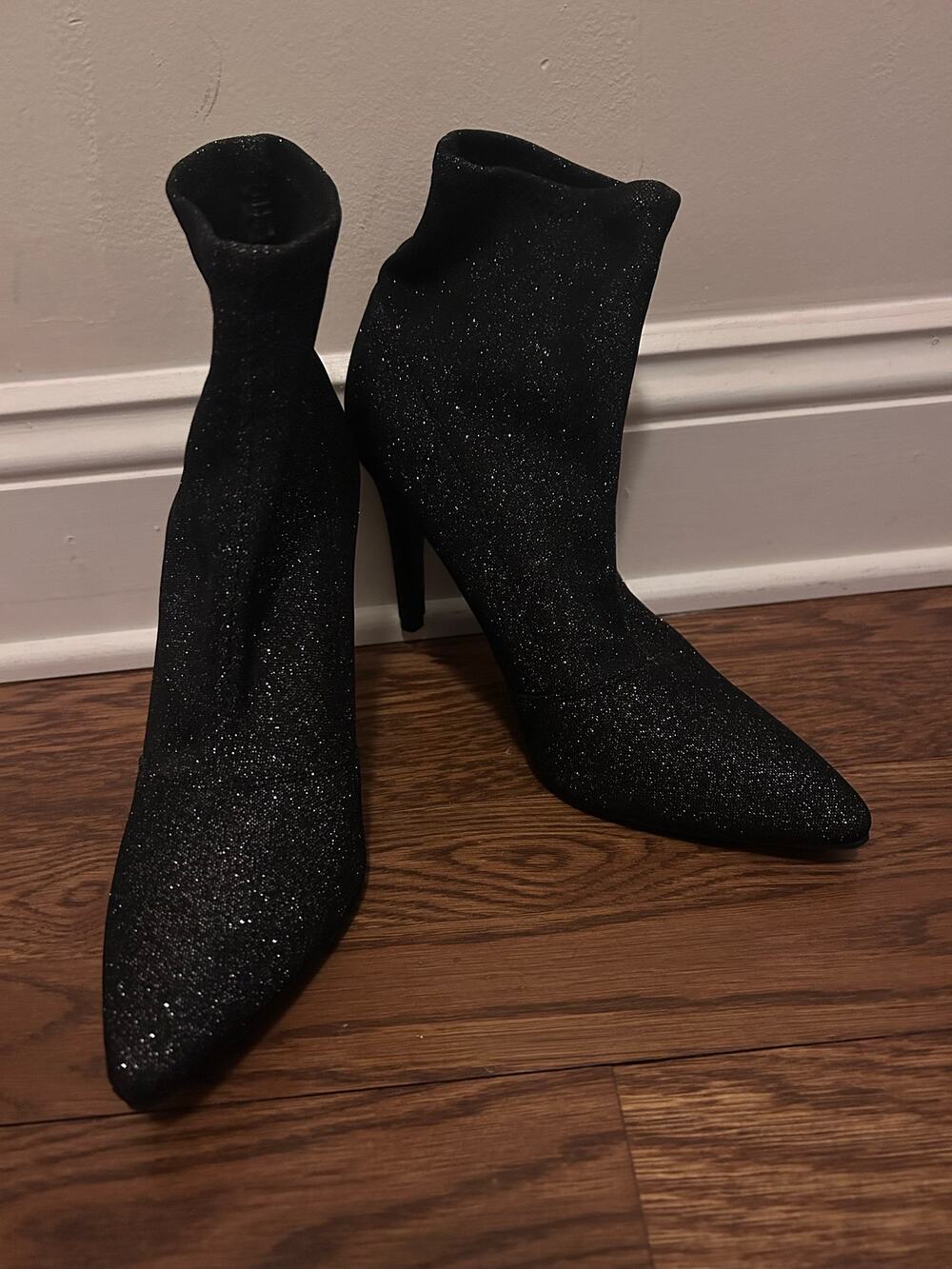 Brash Women's Sz 9 Spicy Sparkle Black Ankle Sock Boot Pointed Toe Slip On